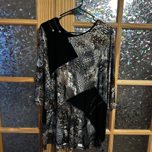 Libra Reptile Print Zipper Accent Gold Sparkle Tunic Top sz XL Edgy Bikercore - Picture 1 of 7